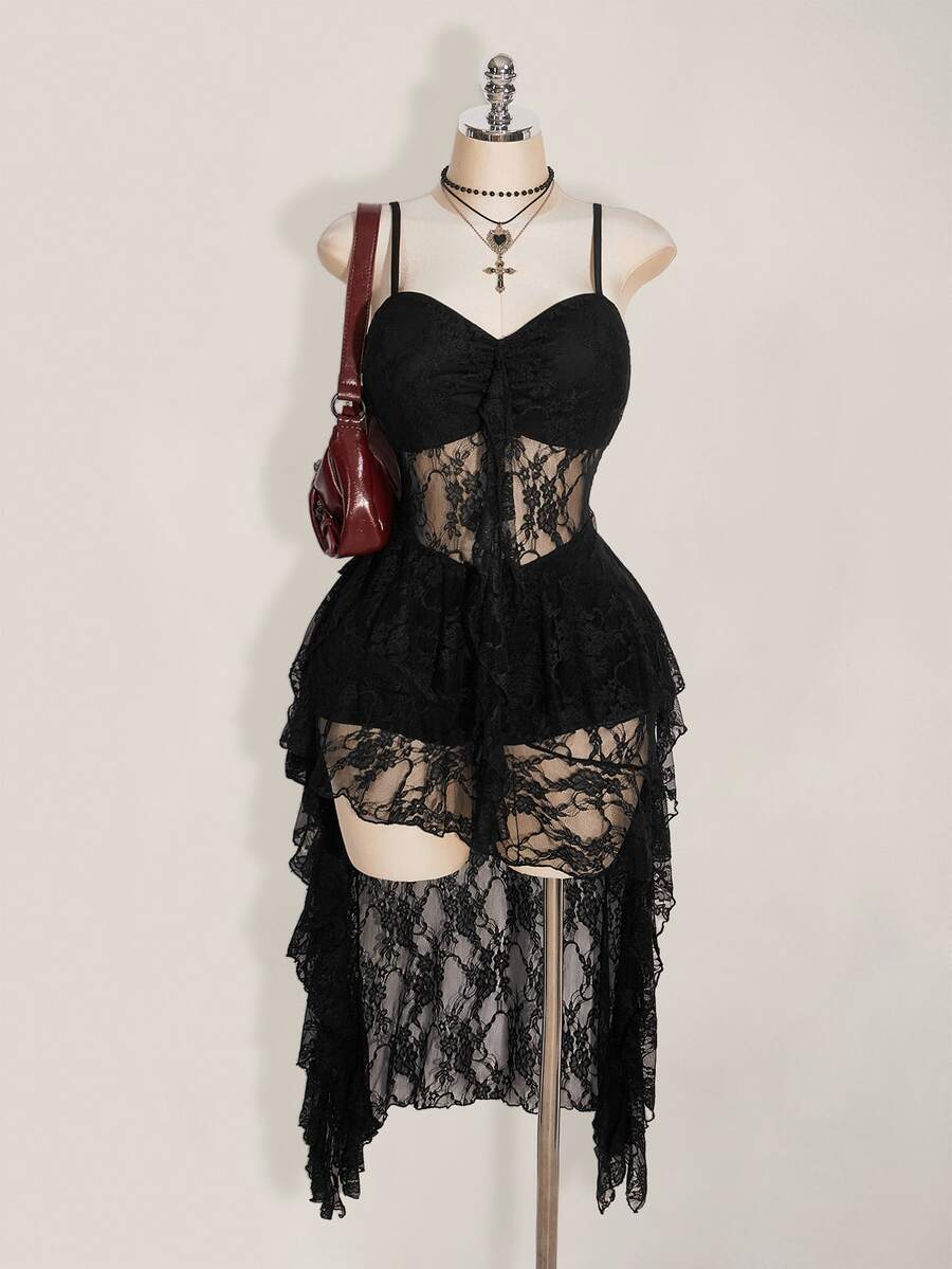 SHEIN ICON Plus Size Black V-Neck Ruffle Trim Short Front Long Back Slip Dress, Y2K Goth Sexy Spaghetti Strap Hem Wedding Date Night Cocktail Party Women Summer