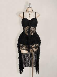 SHEIN ICON Plus Size Black V-Neck Ruffle Trim Short Front Long Back Slip Dress, Y2K Goth Sexy Spaghetti Strap Hem Wedding Date Night Cocktail Party Women Summer - Black - View 4