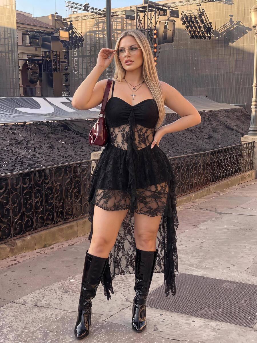 SHEIN ICON Plus Size Black V-Neck Ruffle Trim Short Front Long Back Slip Dress, Y2K Goth Sexy Spaghetti Strap Hem Wedding Date Night Cocktail Party Women Summer - Black - View 1