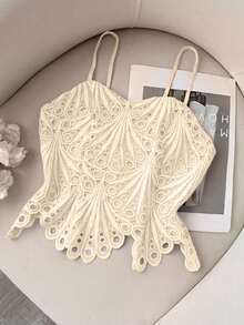 Lacomfia Women's Hollow Lace Embroidered Sweet Elegant Versatile Slim Fit Summer Strapless Plus Size Camisole - Apricot - View 3