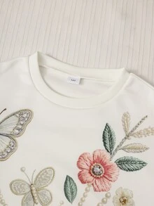 SHEIN 青少年女孩春秋冬白色圓領長袖衛衣 + 寬腿褲 2件套，蝴蝶與花卉印花寬鬆休閒溫柔風套裝，適合日常通勤、旅行、好友聚會 - 白色 - 查看 5