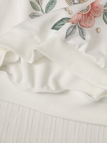 SHEIN 青少年女孩春秋冬白色圓領長袖衛衣 + 寬腿褲 2件套，蝴蝶與花卉印花寬鬆休閒溫柔風套裝，適合日常通勤、旅行、好友聚會 - 白色 - 查看 9