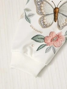 SHEIN 青少年女孩春秋冬白色圓領長袖衛衣 + 寬腿褲 2件套，蝴蝶與花卉印花寬鬆休閒溫柔風套裝，適合日常通勤、旅行、好友聚會 - 白色 - 查看 10