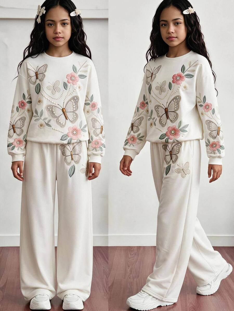 SHEIN Teen Girls 2pcs Polyester Round Neck Long Sleeve Pocket Long Wide Leg Loose Fit Set Fall/Winter White