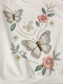 SHEIN 青少年女孩春秋冬白色圓領長袖衛衣 + 寬腿褲 2件套，蝴蝶與花卉印花寬鬆休閒溫柔風套裝，適合日常通勤、旅行、好友聚會 - 白色 - 查看 6