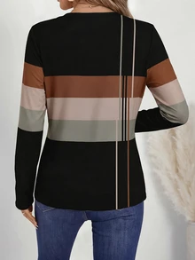 Rosumi Plus Size Striped Colorblock V-Neck T-Shirt Suitable For Spring And Autumn - Multicolor - View 2