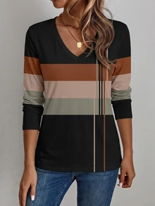 Rosumi Plus Size Striped Colorblock V-Neck T-Shirt Suitable For Spring And Autumn - Multicolor - View 3
