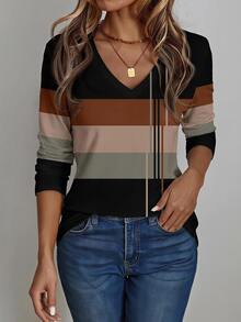 Rosumi Plus Size Striped Colorblock V-Neck T-Shirt Suitable For Spring And Autumn - Multicolor - View 4