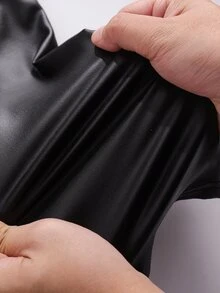 SHEIN 青少年女孩高腰彈性黑色冬季緊身壓力褲，修身瑜伽皮褲 - 黑色 - 查看 9