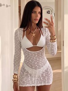 SHEIN Swim 女款春夏最新時尚海灘性感熱帶風優雅純色特殊面料單件罩衫度假風泳衣白色 - 米色 - 查看 8