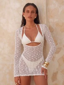 SHEIN Swim 女款春夏最新時尚海灘性感熱帶風優雅純色特殊面料單件罩衫度假風泳衣白色 - 米色 - 查看 9