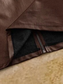 EASEVO Men's Plus Size Denim Jacket With Zipper Pockets And PU Material Halloween Winter Party Autumn  - Brown - View 8