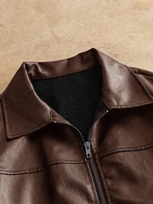 EASEVO Men's Plus Size Denim Jacket With Zipper Pockets And PU Material Halloween Winter Party Autumn  - Brown - View 3
