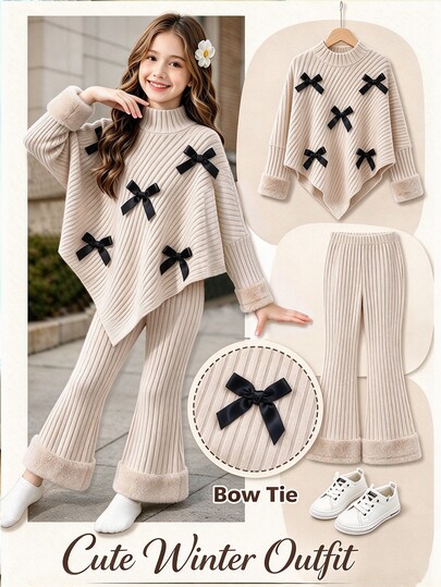 Big Girls Sweet Casual Outfit Bow Embellished Ribbed Mock Neck Top And Fleece Trim Flare Pants 2Pcs