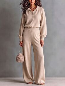 SHEIN New Fall Winter Women Two Pieces Set, Color Block Button Polo Collar Sweater & Straight Leg Pants, Loose Comfy Daily Khaki Casual Outfit - Khaki - View 3