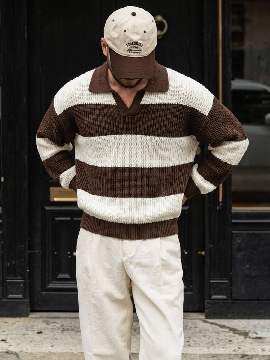 NEOSTRIT Men's Colorblock Striped Long Sleeve Polo Sweater - Coffee Brown - View 1