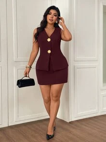 Femmeverse Plus Size Gold Button Chocolate Brown Custom Camisole And Mini Skirt Set - Burgundy - View 5
