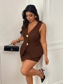 Femmeverse Plus Size Women Gold Button Chocolate Brown Vest And Midi Skirt Elegant Set - Coffee Brown - View 8