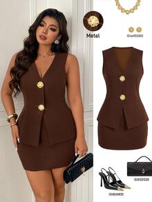 Femmeverse Plus Size Women Gold Button Chocolate Brown Vest And Midi Skirt Elegant Set - Coffee Brown - View 1
