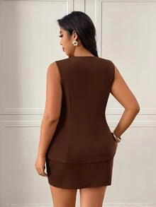 Femmeverse Plus Size Women Gold Button Chocolate Brown Vest And Midi Skirt Elegant Set - Coffee Brown - View 2