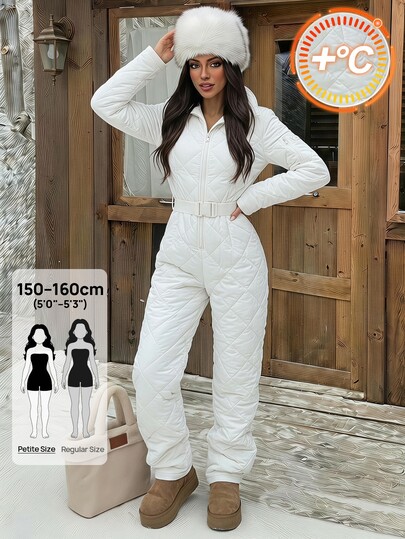 SHEIN PETITE White High-Neck Padded Jumpsuit For Petite Women – Suitable For Skiing And The Autumn/Winter Season.