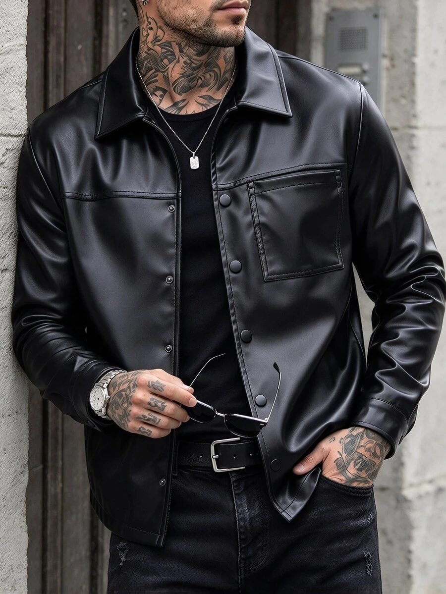 Manfinity Homme Áo khoác nam tay dài chất liệu PU có túi, phù hợp cho mùa thu, đi chơi, club, phong cách đường phố casual màu đen - màu đen - Xem 1