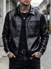 Manfinity Homme Áo khoác nam tay dài chất liệu PU có túi, phù hợp cho mùa thu, đi chơi, club, phong cách đường phố casual màu đen - màu đen - Xem 6