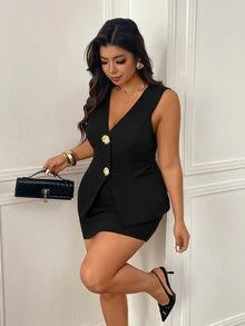 Femmeverse Gold Button Accent Chocolate Brown Custom Camisole And Mini Skirt Set - Black - View 4