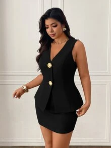 Femmeverse Gold Button Accent Chocolate Brown Custom Camisole And Mini Skirt Set - Black - View 5