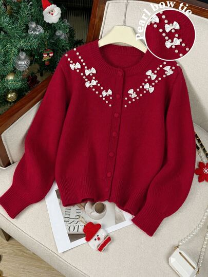 GlowEve CURVE Cárdigan navideño para mujer talla grande, nuevo suéter abrigo rojo de otoño e invierno con frente abierto, cuello redondo, lazo con cuentas, manga larga, top casual navideño