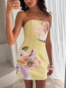 Opulessa Vestido casual de vacaciones sin tirantes con decoración floral 3D para mujer - Amarillo claro - Ver 5