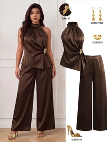 Femmeverse Women's Plus Size Elegant Fashion Pants Set, Halter Neck Top Paired With Matching Wide Leg Long Pants, Suitable For Music Festivals, Parties, Vacations And Other Summer Occasions - Coffee Brown - View 1