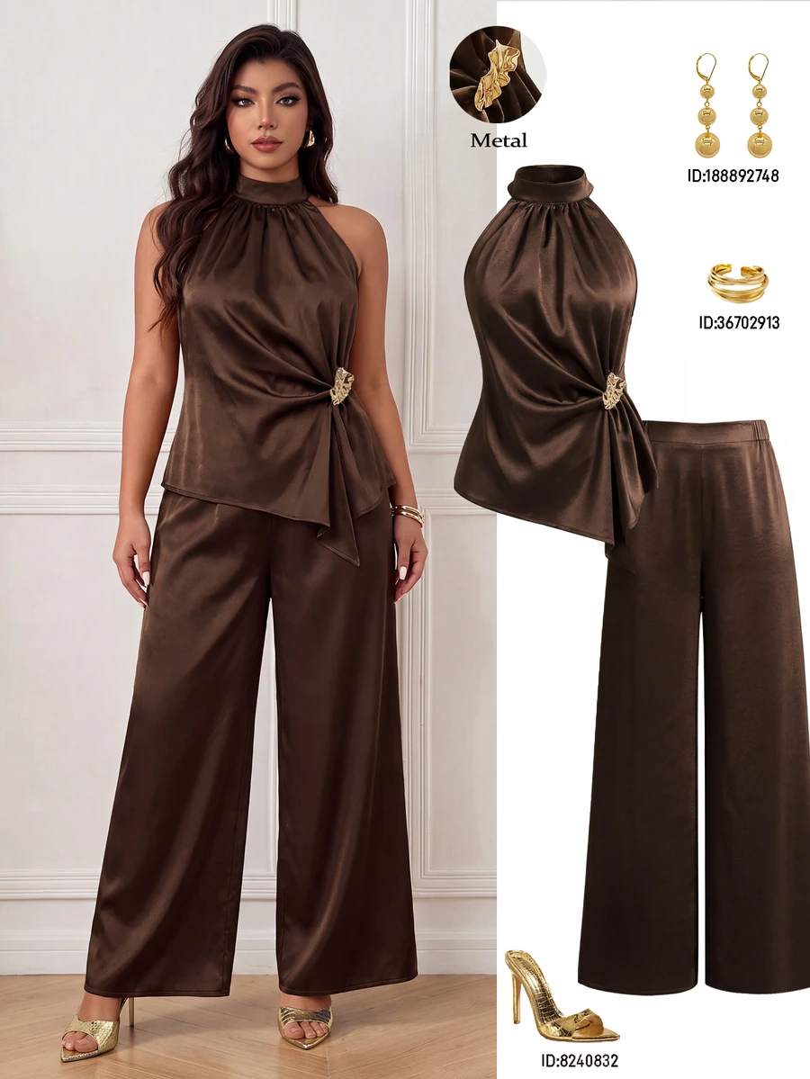Femmeverse Women's Plus Size Elegant Fashion Pants Set, Halter Neck Top Paired With Matching Wide Leg Long Pants, Suitable For Music Festivals, Parties, Vacations And Other Summer Occasions - Coffee Brown - View 1