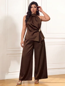 Femmeverse Women's Plus Size Elegant Fashion Pants Set, Halter Neck Top Paired With Matching Wide Leg Long Pants, Suitable For Music Festivals, Parties, Vacations And Other Summer Occasions - Coffee Brown - View 6
