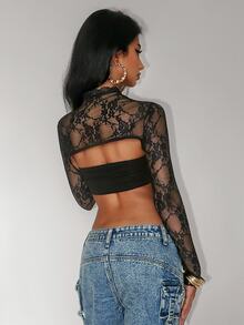 EgrlEra Women's Lace Fabric Sexy Daring Avant-Garde Top - Black - View 2