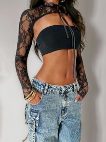 EgrlEra Women's Lace Fabric Sexy Daring Avant-Garde Top - Black - View 4