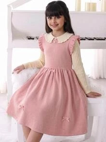 SHEIN 兒童青少年女孩寬鬆休閒極簡舒適彼得潘領拼接撞色蝴蝶結裝飾毛衣連身裙，秋季款 - 粉色 - 查看 5