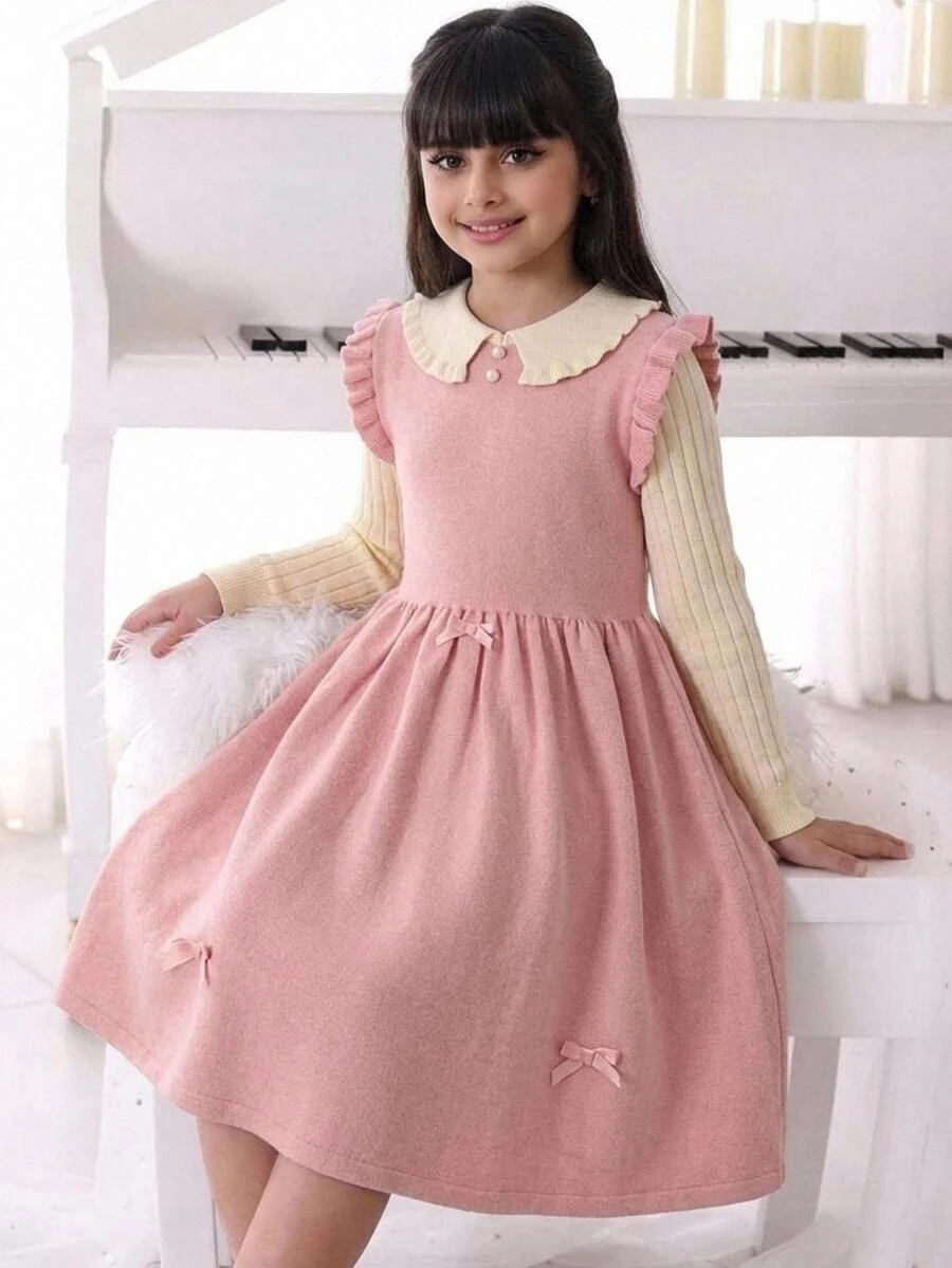 SHEIN Kids Tween Girls Loose Casual Minimalist Comfortable Peter Pan Collar Patchwork Contrast Color Bow Decor Sweater Autumn Dress - Pink - View 1