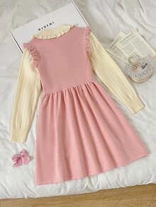 SHEIN 兒童青少年女孩寬鬆休閒極簡舒適彼得潘領拼接撞色蝴蝶結裝飾毛衣連身裙，秋季款 - 粉色 - 查看 2