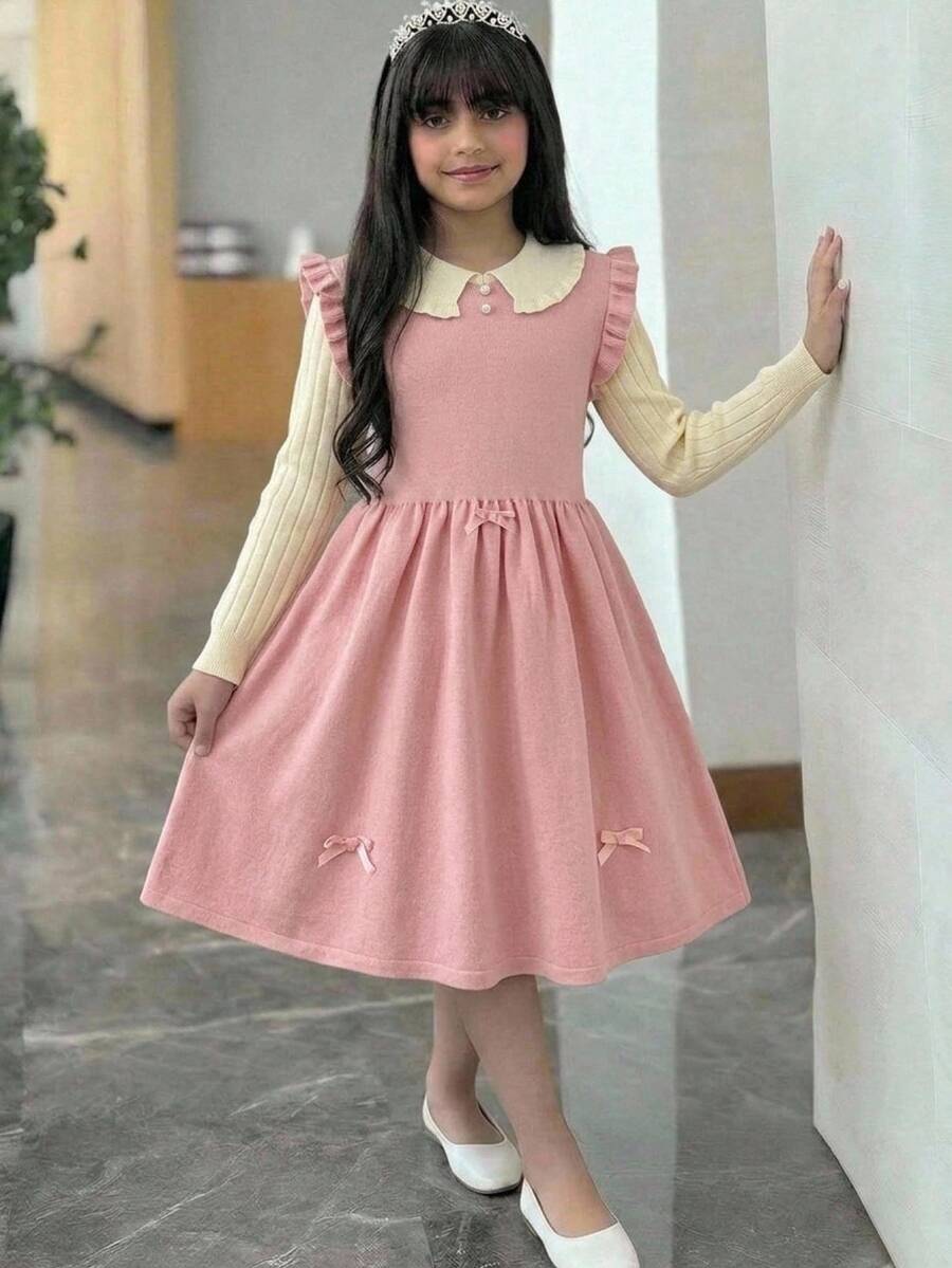 SHEIN 兒童青少年女孩寬鬆休閒極簡舒適彼得潘領拼接撞色蝴蝶結裝飾毛衣連身裙,秋季款 - 粉色 - 查看 1