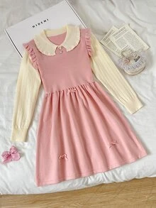 SHEIN 兒童青少年女孩寬鬆休閒極簡舒適彼得潘領拼接撞色蝴蝶結裝飾毛衣連身裙，秋季款 - 粉色 - 查看 4