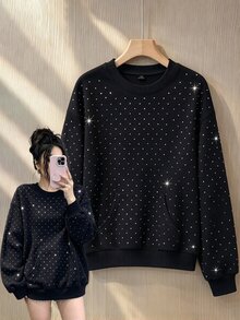 GlowEve CURVE Sweatshirt Kasual Mewah Elegan Musim Semi/Gugur dengan Hiasan Berlian Imitasi untuk Pemakaian Sehari-hari, Jalan-jalan, Pesta, Kencan, Liburan, Berbagai Acara, Ukuran Besar - Hitam - View 1