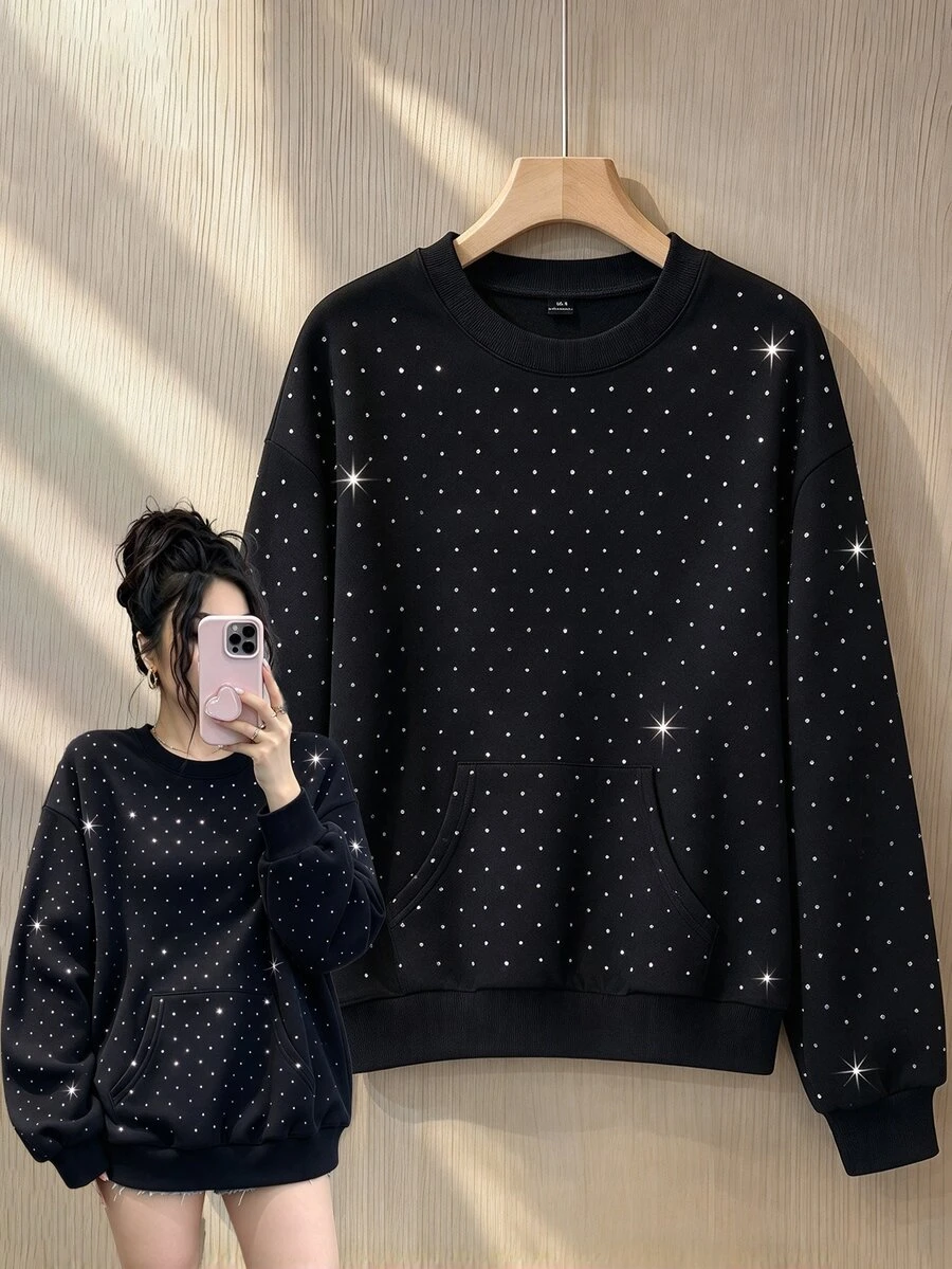 GlowEve CURVE Sweatshirt Kasual Mewah Elegan Musim Semi/Gugur dengan Hiasan Berlian Imitasi untuk Pemakaian Sehari-hari, Jalan-jalan, Pesta, Kencan, Liburan, Berbagai Acara, Ukuran Besar - Hitam - View 1