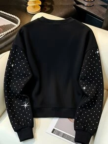 GlowEve CURVE Sweatshirt Kasual Mewah Elegan Musim Semi/Gugur dengan Hiasan Berlian Imitasi untuk Pemakaian Sehari-hari, Jalan-jalan, Pesta, Kencan, Liburan, Berbagai Acara, Ukuran Besar - Hitam - View 2