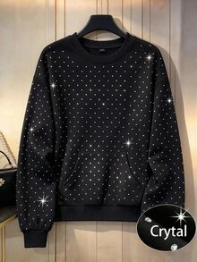 GlowEve CURVE Sweatshirt Kasual Mewah Elegan Musim Semi/Gugur dengan Hiasan Berlian Imitasi untuk Pemakaian Sehari-hari, Jalan-jalan, Pesta, Kencan, Liburan, Berbagai Acara, Ukuran Besar - Hitam - View 3
