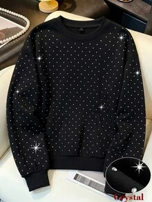 GlowEve CURVE Sweatshirt Kasual Mewah Elegan Musim Semi/Gugur dengan Hiasan Berlian Imitasi untuk Pemakaian Sehari-hari, Jalan-jalan, Pesta, Kencan, Liburan, Berbagai Acara, Ukuran Besar - Hitam - View 7