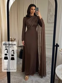 SHEIN Tall Elegant Long Brown Dress With Flowing Ribbons For Tall Muslim Women – Perfect For Parties. - Coffee Brown - View 1