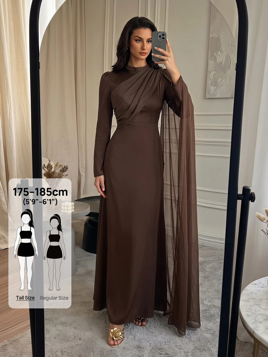 SHEIN Tall Elegant Long Brown Dress With Flowing Ribbons For Tall Muslim Women – Perfect For Parties. - Coffee Brown - View 1