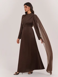 SHEIN Tall Elegant Long Brown Dress With Flowing Ribbons For Tall Muslim Women – Perfect For Parties. - Coffee Brown - View 3