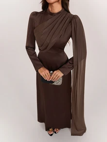 SHEIN Tall Elegant Long Brown Dress With Flowing Ribbons For Tall Muslim Women – Perfect For Parties. - Coffee Brown - View 6